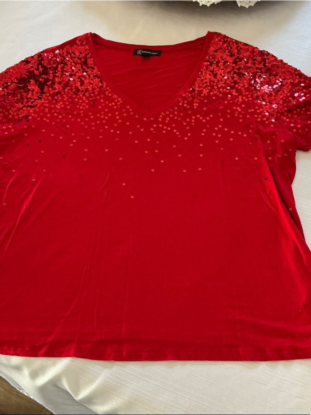 INC International Concepts Red Sequin V-Neck Short Sleeve Top